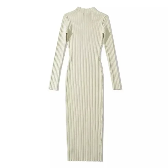 Cream Ribbed Knit High Neck Midi Dress - Picture 11 of 15